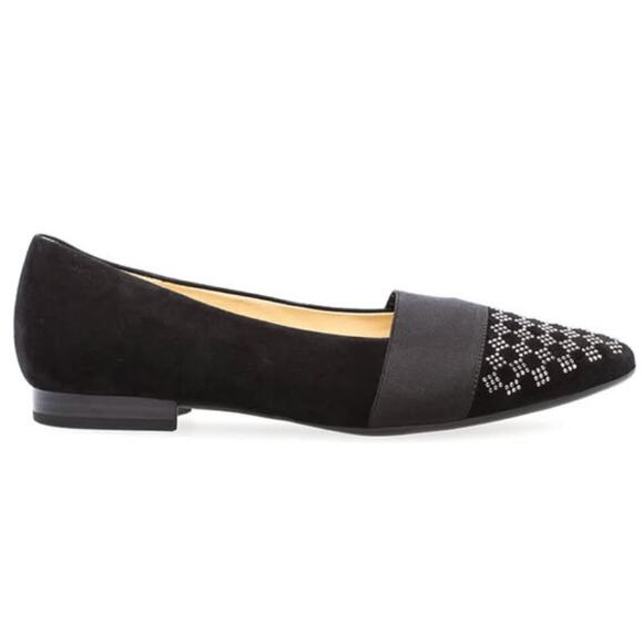 Gabor Sanctuary Ladies Court Shoes WMNS 7.5 Black Suede Leather Studded Toe Flat - Picture 1 of 9